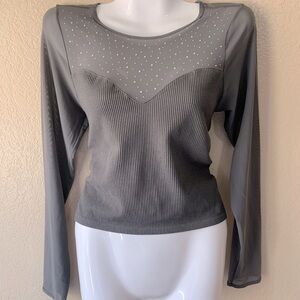 LOVE TREE Gray Ribbed Rhinestone Mesh Babydoll Silhouette Crop Top Size L NWT